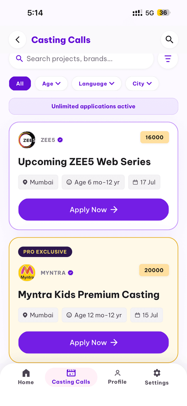Spotly Kids casting calls screen with filters and apply buttons