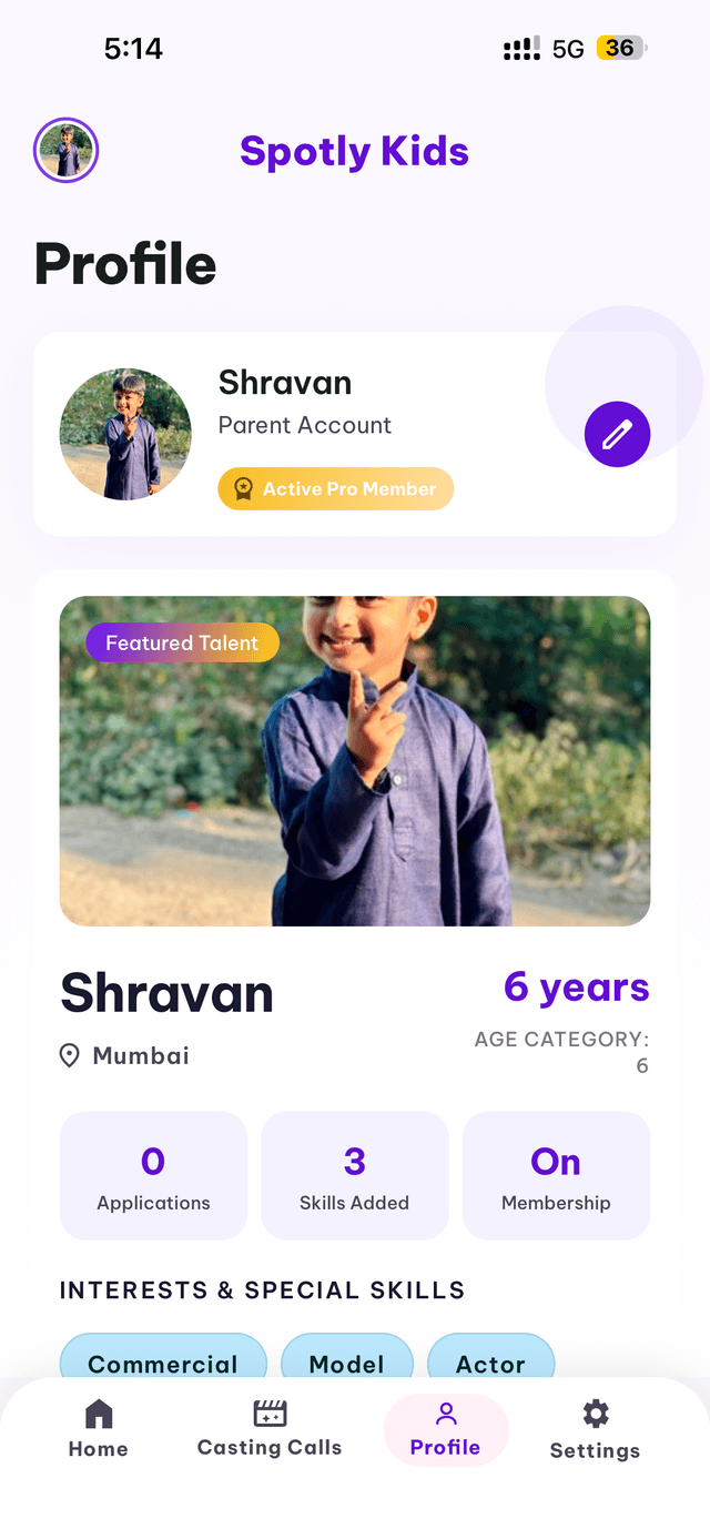 Spotly Kids child profile screen