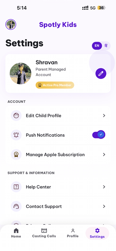 Spotly Kids settings and support screen