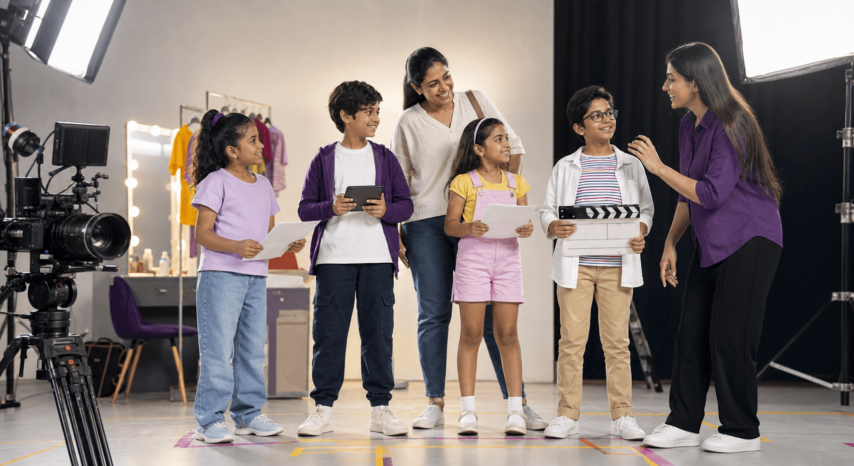 Indian children preparing for an audition on a supervised film set